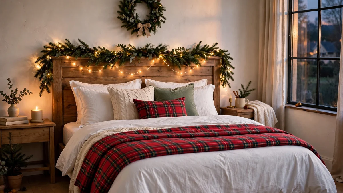 18 Best Christmas Bedroom Decor Ideas for a Cozy, Magical Sleep 1 Christmas bedroom decor ideas with a plaid duvet, layered white bedding and a lit garland over a wooden headboard