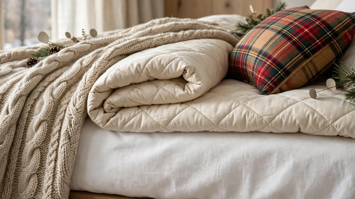 18 Best Christmas Bedroom Decor Ideas for a Cozy, Magical Sleep 2 Layered Christmas bedding system with white flannel sheets, a cream quilt and a chunky knit throw folded at the foot of the bed
