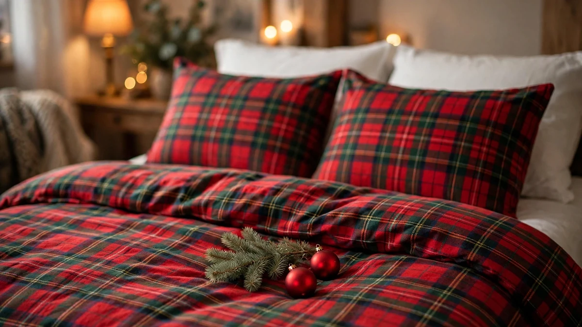18 Best Christmas Bedroom Decor Ideas for a Cozy, Magical Sleep 3 Bed styled with a red and green tartan plaid Christmas duvet cover set and matching shams