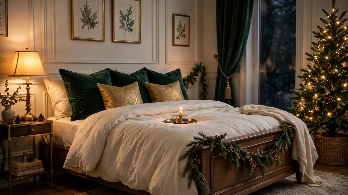 18 Best Christmas Bedroom Decor Ideas for a Cozy, Magical Sleep 4 Elegant Christmas bedroom with deep green velvet cushions, cream bedding and gold accents