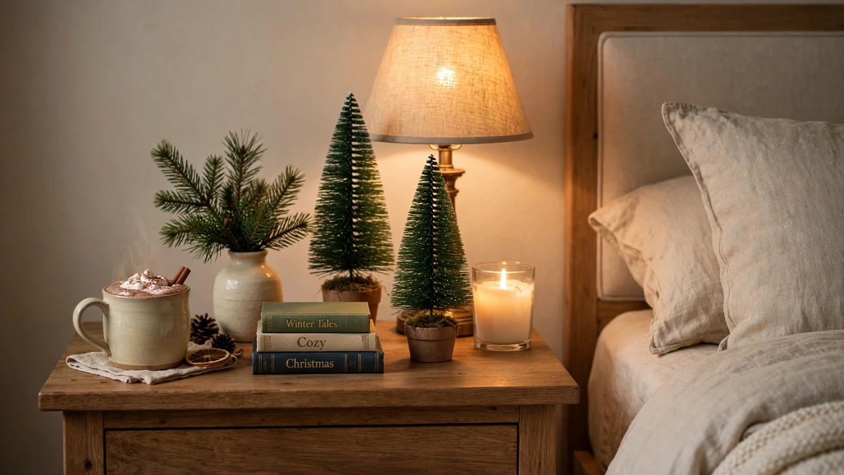 18 Best Christmas Bedroom Decor Ideas for a Cozy, Magical Sleep 5 Bedside table vignette with a flameless candle, bottle brush trees and a mug of hot chocolate
