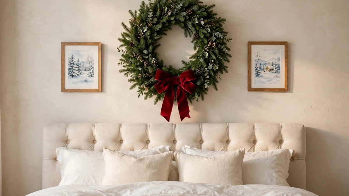 18 Best Christmas Bedroom Decor Ideas for a Cozy, Magical Sleep 7 Green Christmas wreath with a red bow hanging above a bed with cream bedding