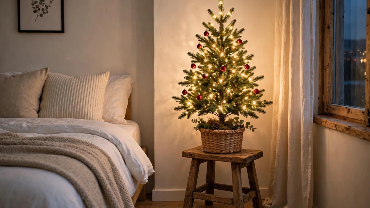 18 Best Christmas Bedroom Decor Ideas for a Cozy, Magical Sleep 8 Small tabletop Christmas tree with warm lights on a wooden stool in a bedroom corner