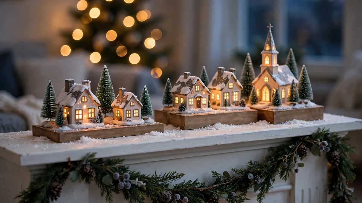 25 Christmas Village Display Ideas: Beautiful, Proven Ways to Style Every Spot 1 Christmas village display ideas on a fireplace mantel — lit ceramic houses and a church on wooden risers with bottle-brush trees, fake snow and a pine garland