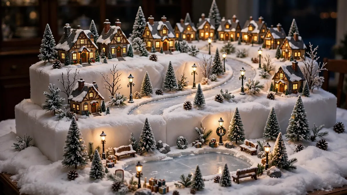 25 Christmas Village Display Ideas: Beautiful, Proven Ways to Style Every Spot 2 Christmas village table display built on stepped risers with a snowy main street, lit miniature houses, lampposts and figurines