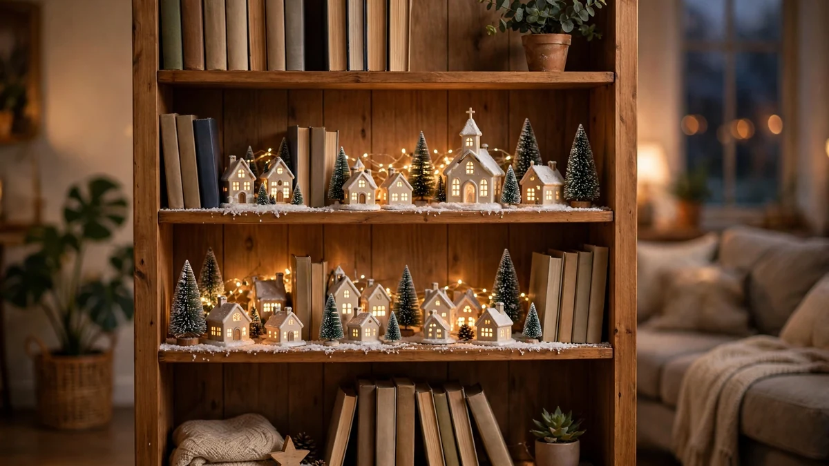 25 Christmas Village Display Ideas: Beautiful, Proven Ways to Style Every Spot 3 Close-up of artificial snow sparkling on miniature Christmas village rooftops, warm light glowing through tiny painted windows