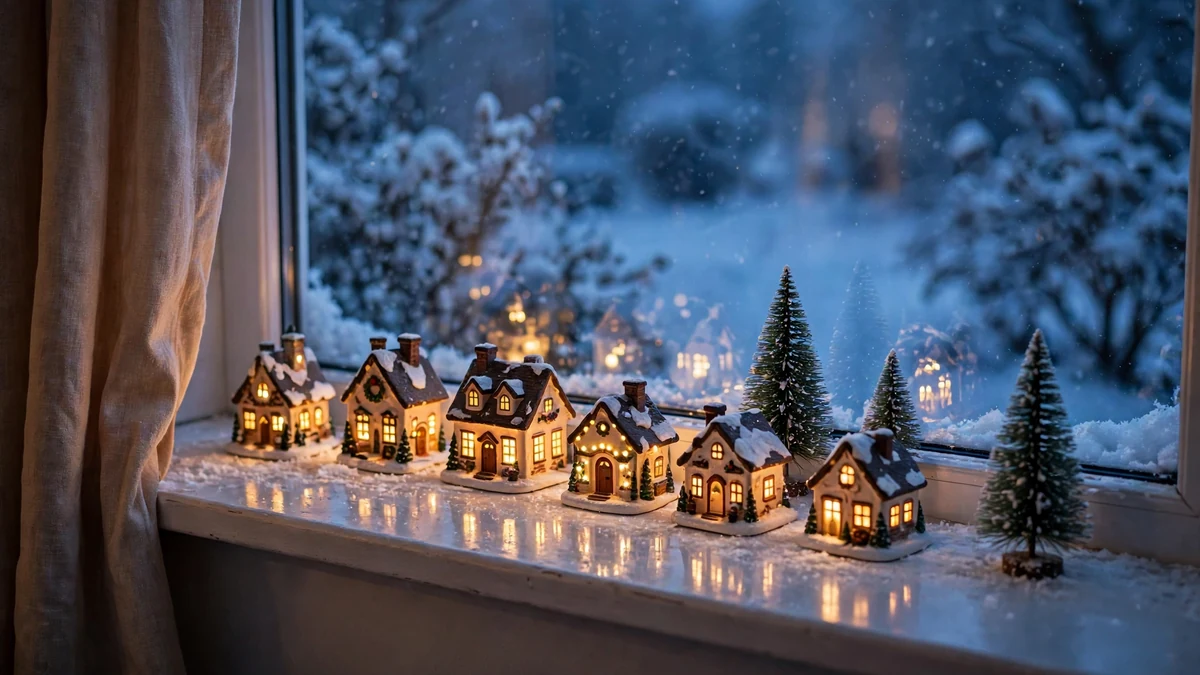 25 Christmas Village Display Ideas: Beautiful, Proven Ways to Style Every Spot 4 Miniature Christmas village church and cottages at dusk with glowing amber windows and lit street lamps along a snowy path