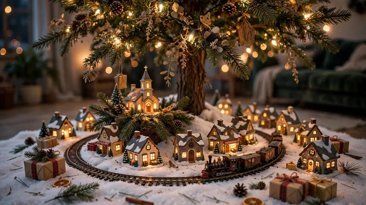 25 Christmas Village Display Ideas: Beautiful, Proven Ways to Style Every Spot 5 Miniature Christmas village market square with carol singer figurines around a tiny tree, market stalls and a lit bakery