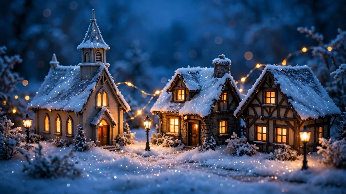 25 Christmas Village Display Ideas: Beautiful, Proven Ways to Style Every Spot 7 Small Christmas village scene on an entryway console table — four lit houses on a snow-covered tray in an apartment