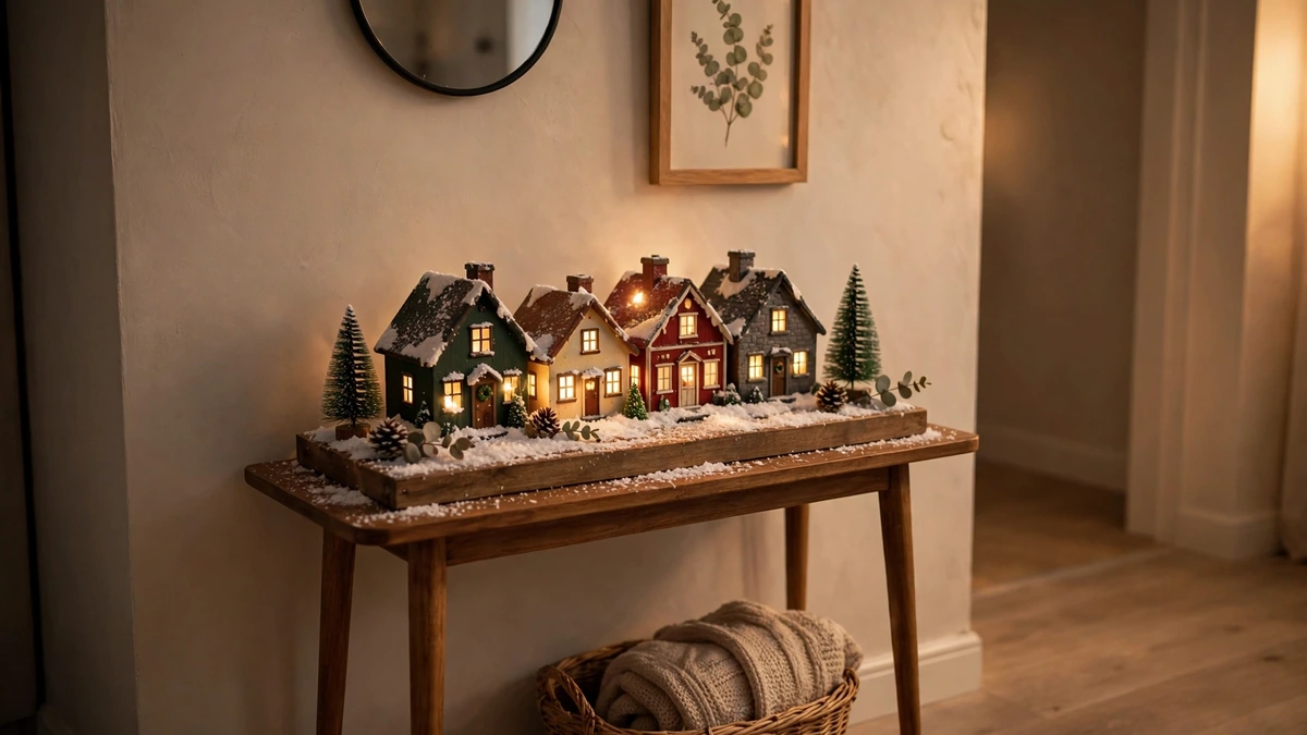 25 Christmas Village Display Ideas: Beautiful, Proven Ways to Style Every Spot 8 Christmas village display on a bookshelf, lit miniature houses and a chapel set between books with fairy lights and fake snow