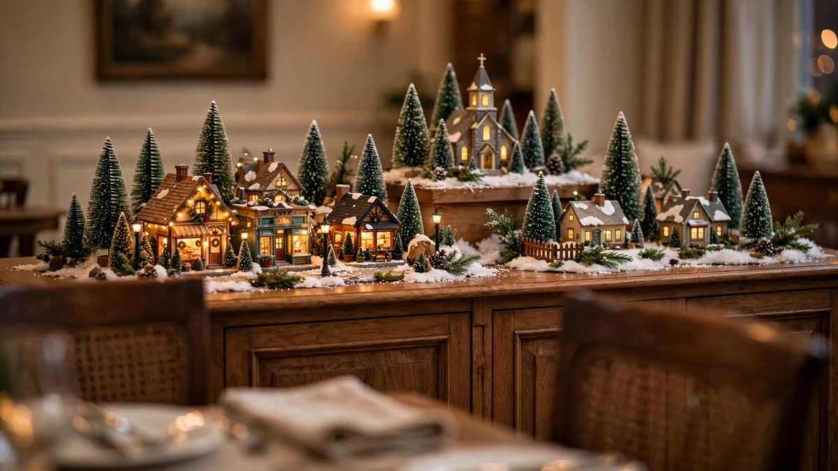 25 Christmas Village Display Ideas: Beautiful, Proven Ways to Style Every Spot 9 Row of illuminated Christmas village houses on a wide windowsill at dusk, real snow visible outside the window