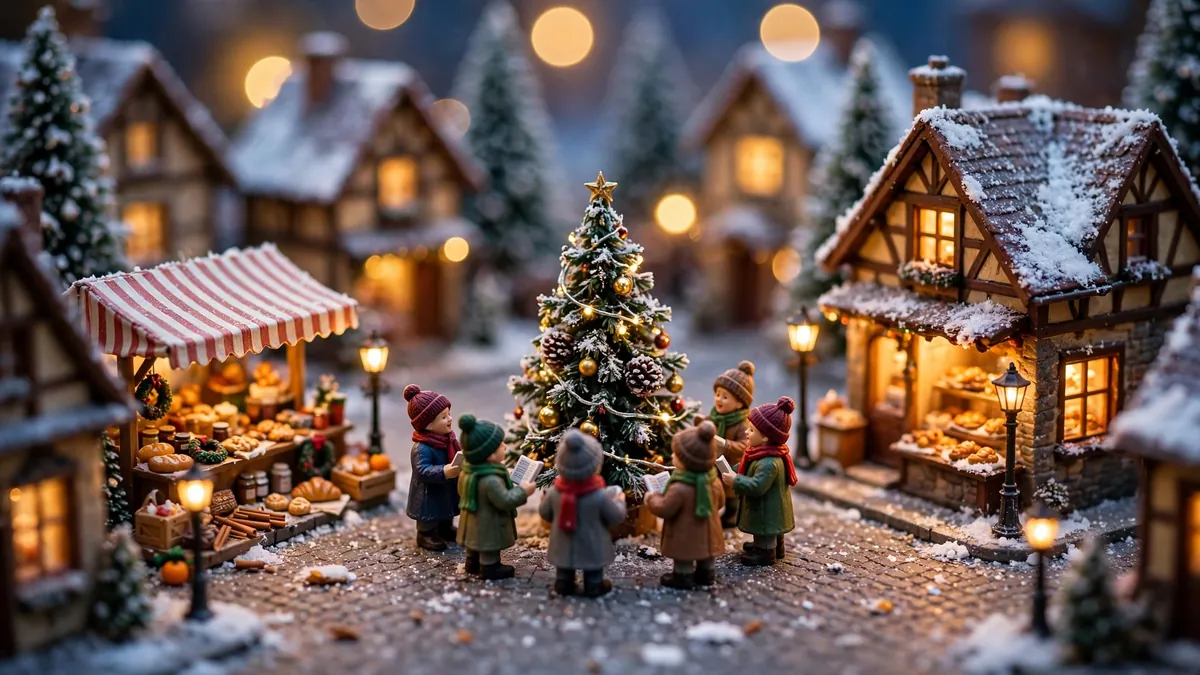 25 Christmas Village Display Ideas: Beautiful, Proven Ways to Style Every Spot 10 Christmas village arranged in a ring around the base of a decorated Christmas tree, with a miniature train track and glowing houses on a snow blanket
