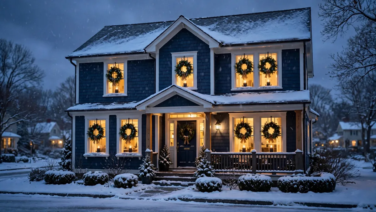 House front at twilight with a glowing Christmas wreath and candle in every window, seen from the street