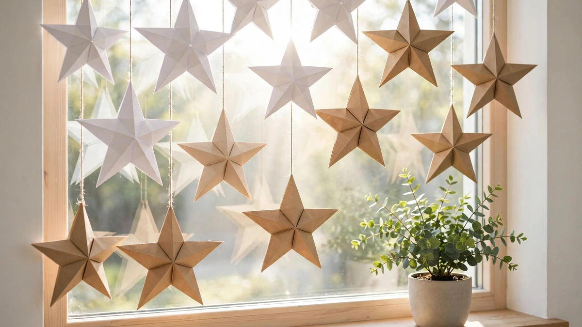 White paper stars hanging at different heights in a bright window, a simple Christmas window decor idea that keeps the glass clear