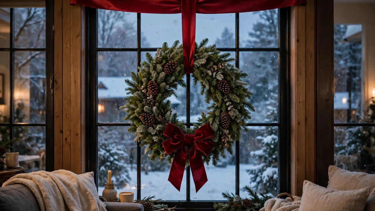 Green Christmas wreath with a red bow hanging in the middle of a window on a satin ribbon