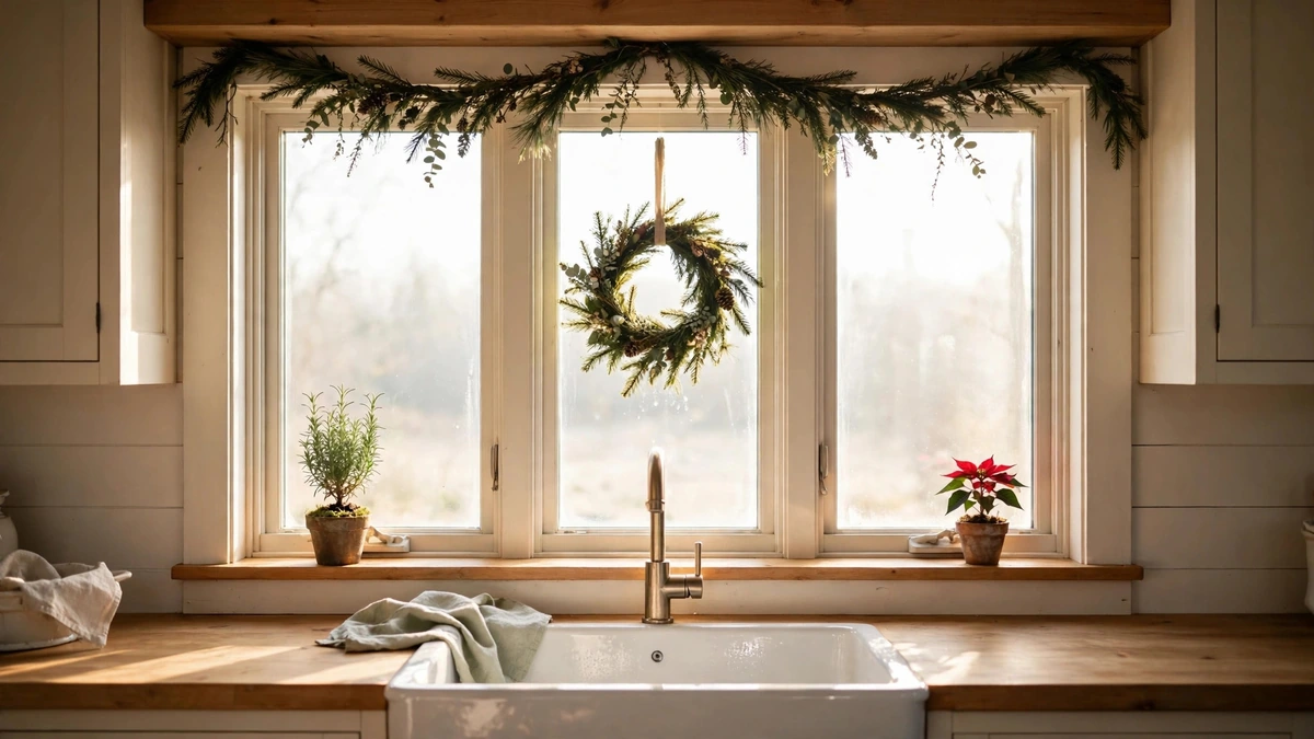 Kitchen sink window decorated for Christmas with a small wreath, a mini rosemary tree and a poinsettia on the sill
