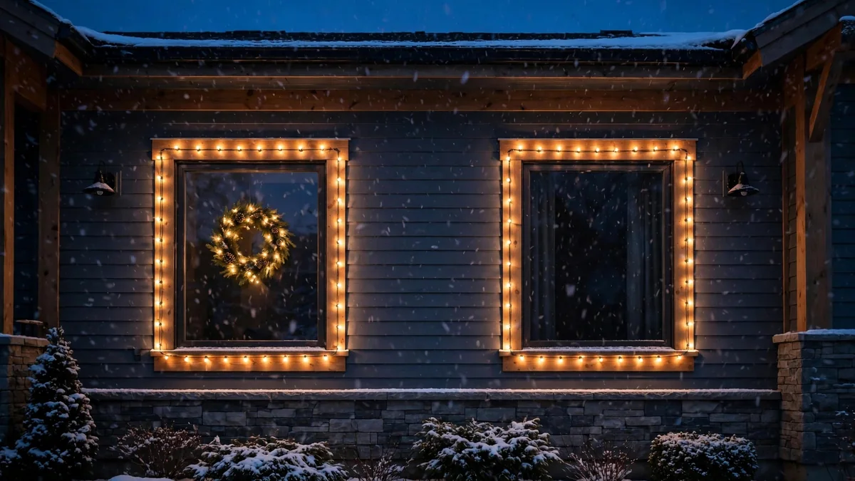 Warm white string lights framing the outside edges of front windows at night
