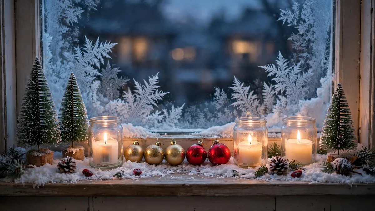 Christmas windowsill vignette with battery candles in glass jars, bottle-brush trees and ornaments