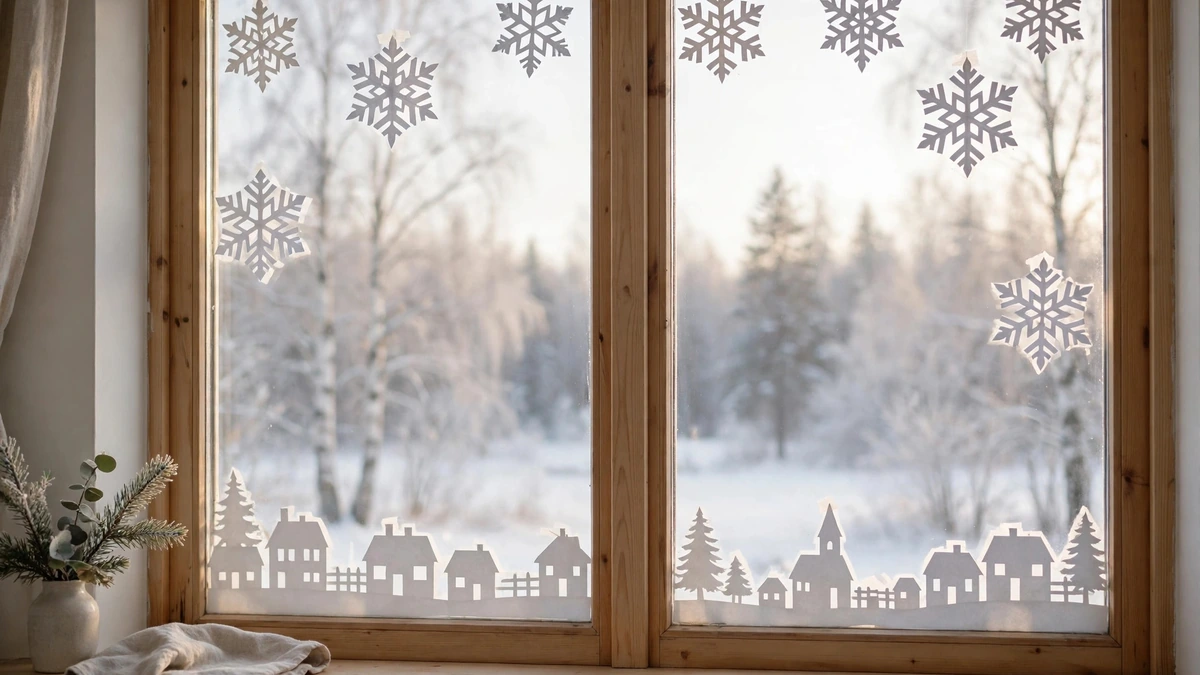 Paper snowflakes and a silhouette village along a window, backlit by winter daylight
