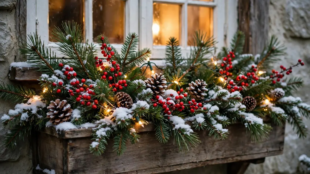 Window box filled with evergreen branches, pinecones, red berries and fairy lights under a cottage window