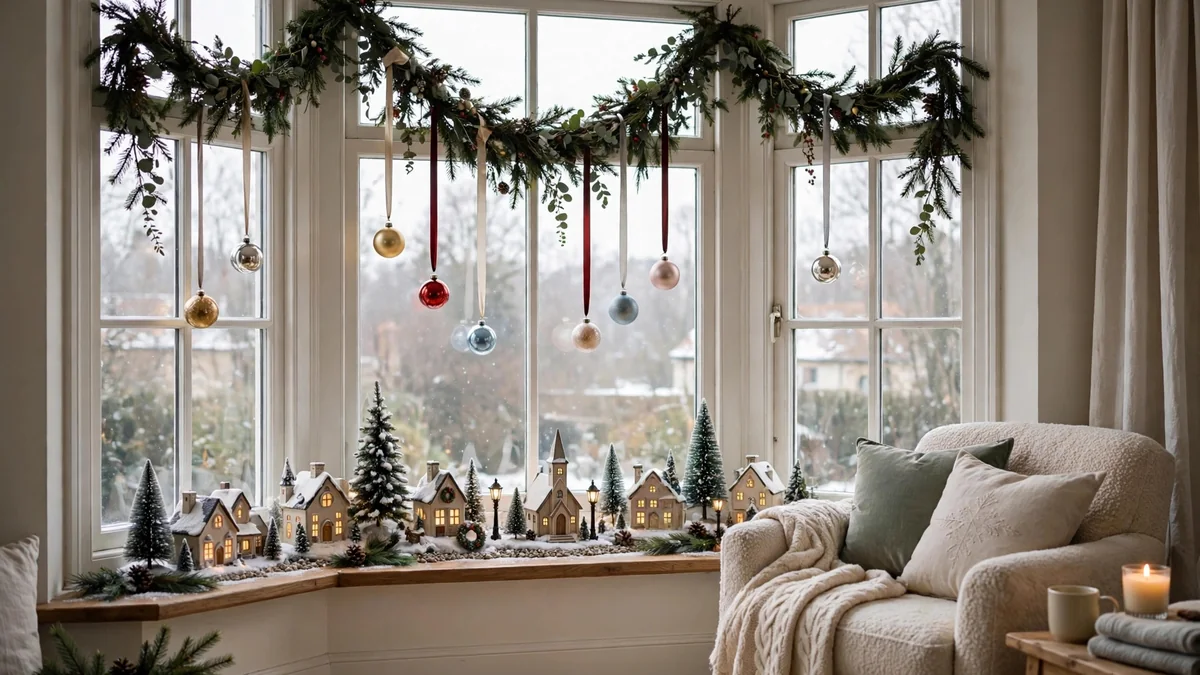Bay window decorated with a garland swag, baubles hanging on ribbons and a small Christmas village on the sill