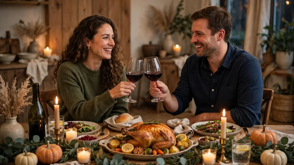 Couple clinking wine glasses over a roasted chicken dinner at a styled holiday table