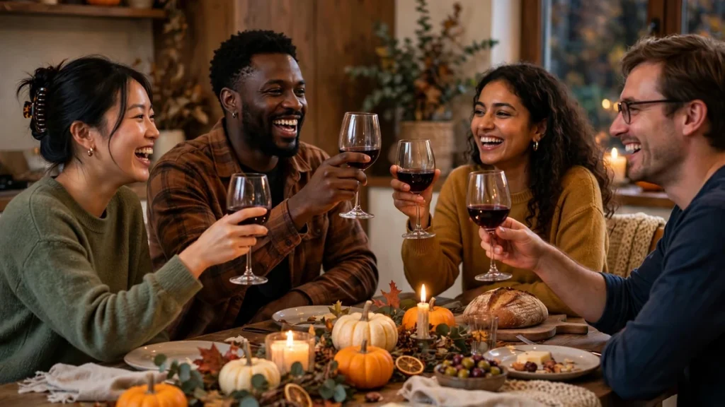 Friends toasting with wine glasses around a candlelit dinner party table