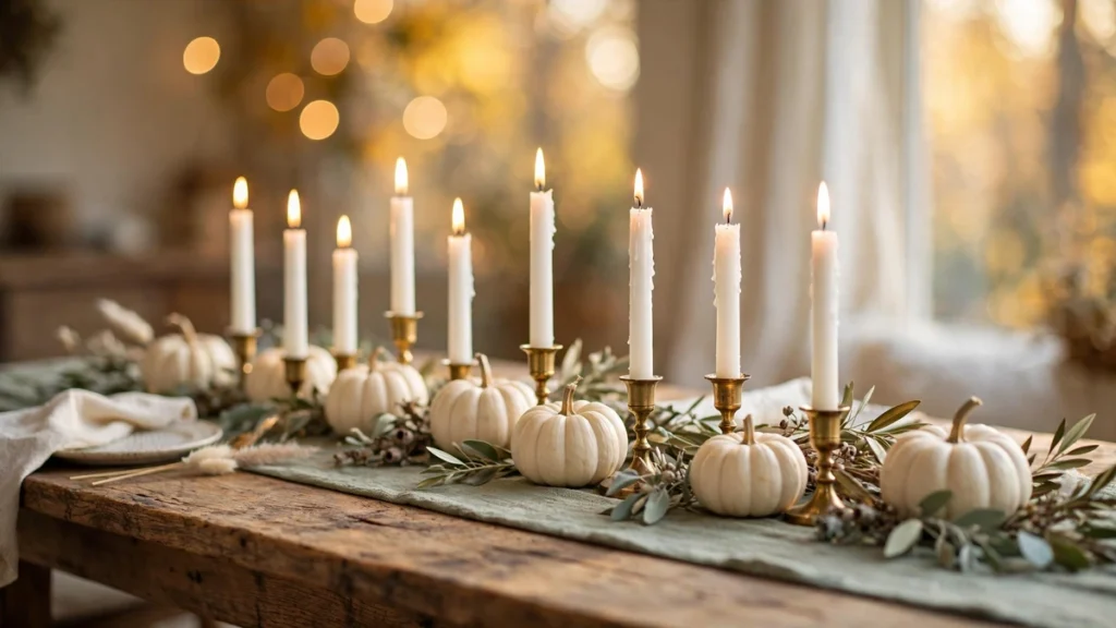 White candles and pumpkins creating a warm, soothing autumn ambiance on a fall table