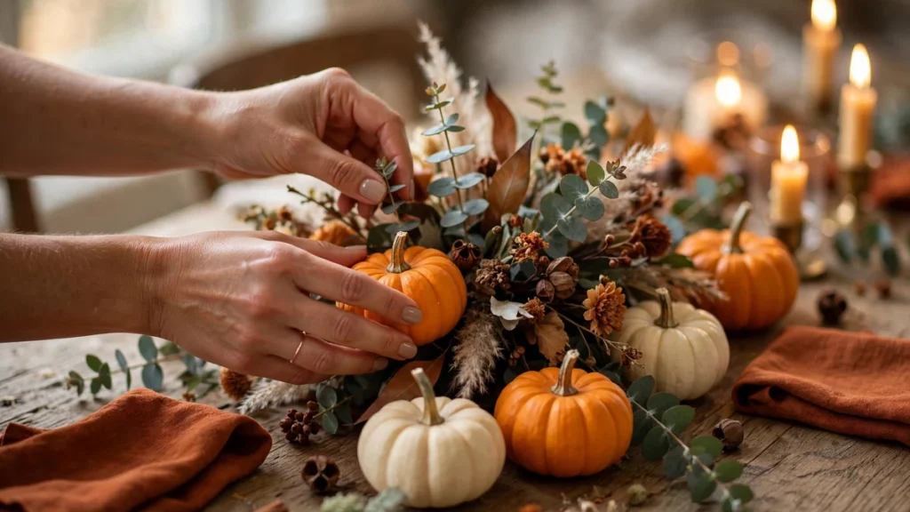 Woman arranging pumpkins and a floral centerpiece on a fall dining table