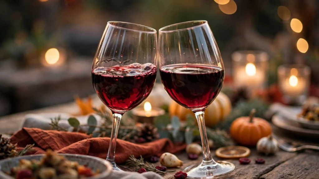 Close-up of two friends toasting with glasses of red wine at a dinner table