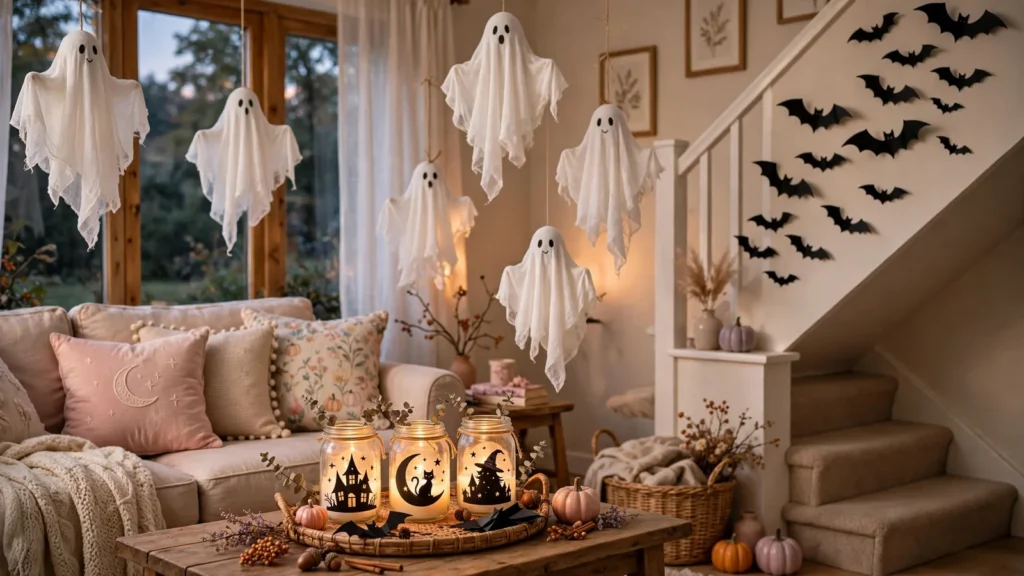 đ Homemade Halloween Decorations: 4 Spooky Ideas 1 Homemade Halloween decorations with cheesecloth ghosts, mason jar lanterns and paper bats