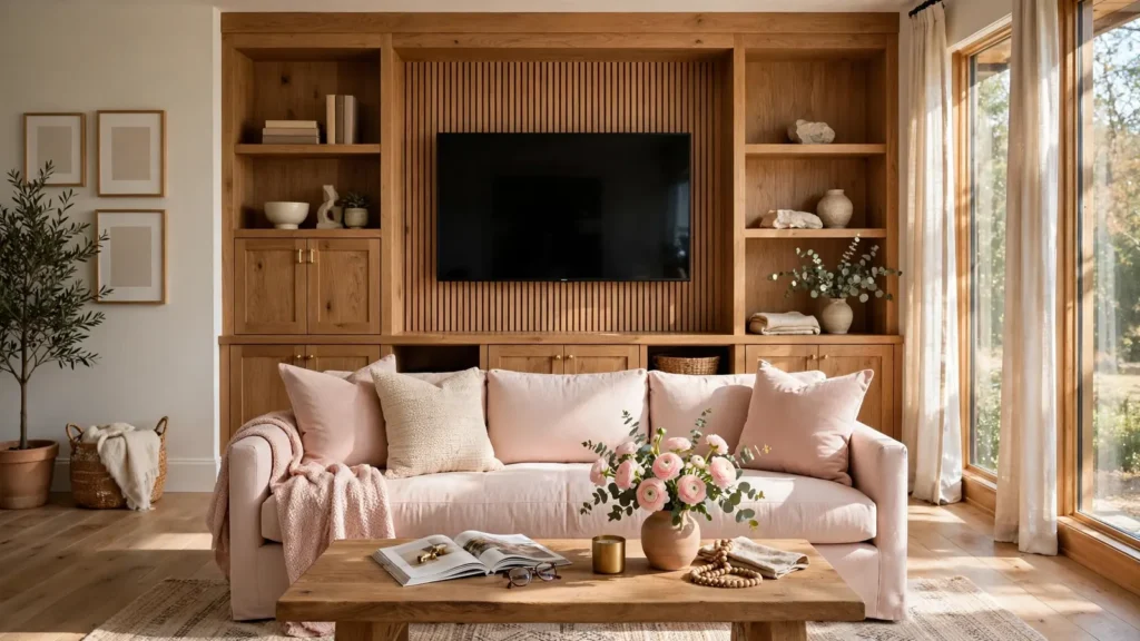 10 TV Unit for Living Room Ideas: Guide to a Stylish Space 1 TV unit for living room with built-in wooden shelves and a blush sofa