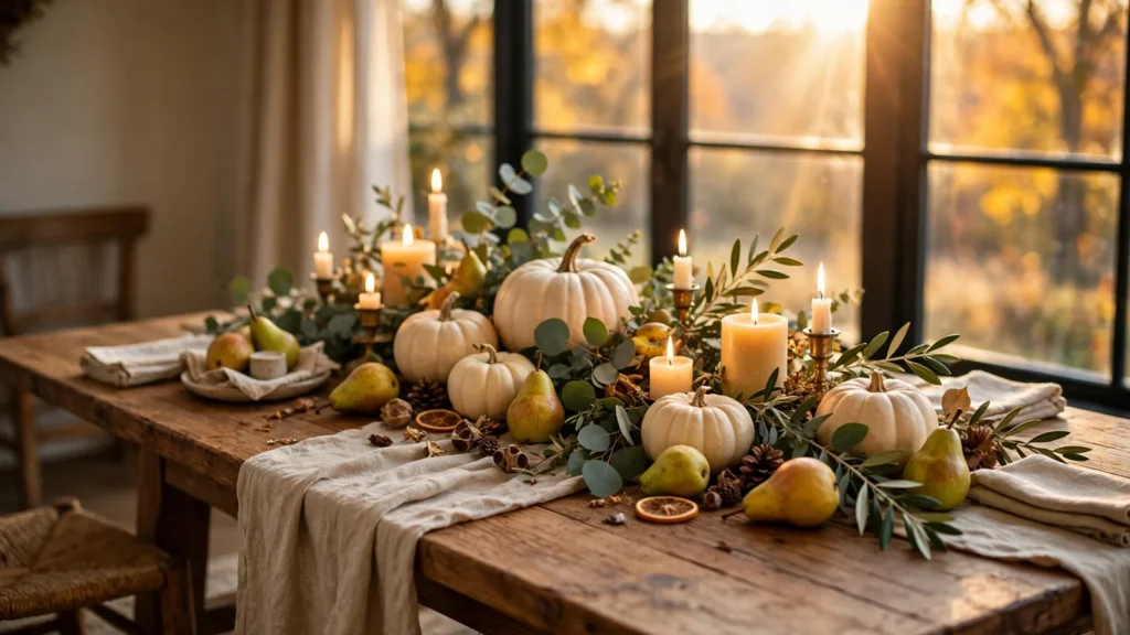 Fall table centerpieces with cream pumpkins, pears, eucalyptus and candles