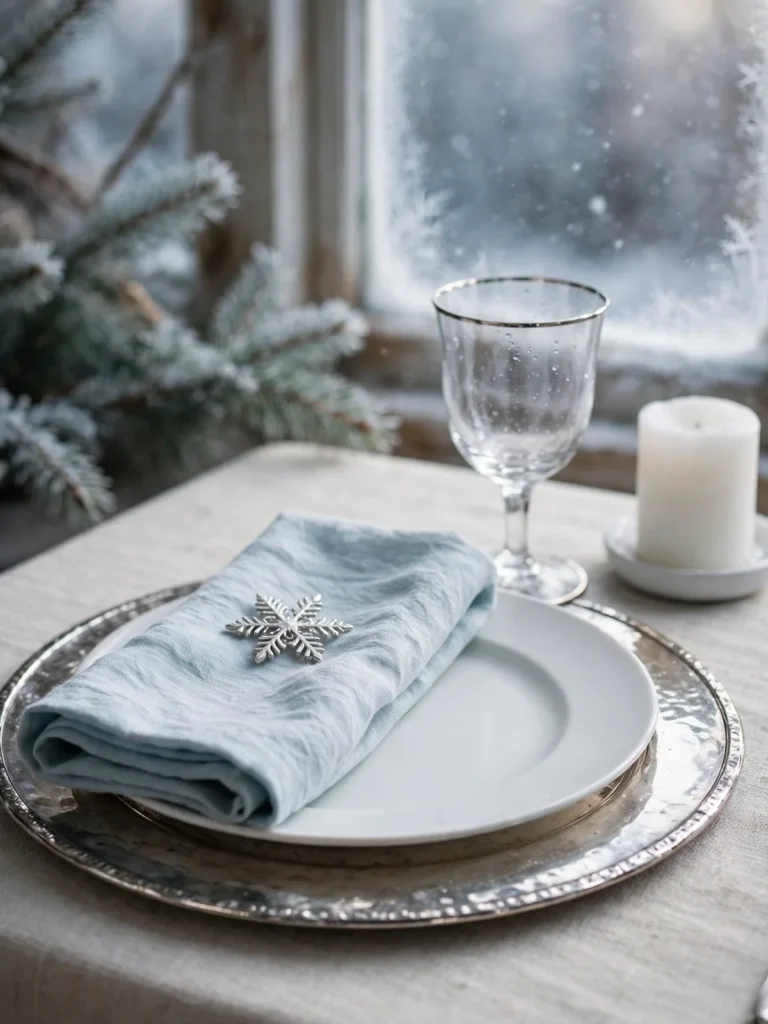 Frosted ice-blue and silver christmas place settings with a white plate, pale blue linen napkin and silver-rimmed glassware