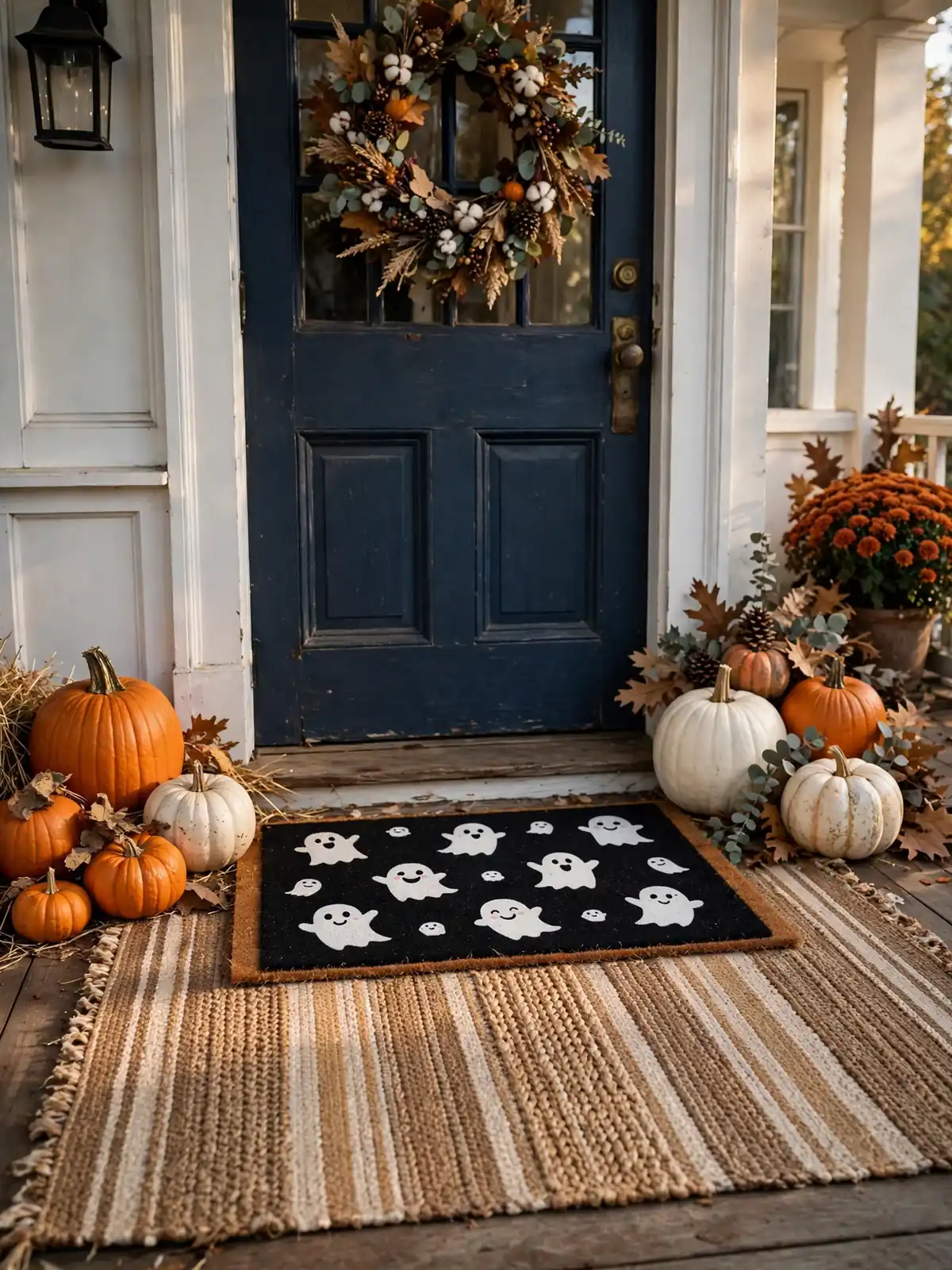 Layered halloween porch decor with a striped rug, smiling ghost doormat and pumpkins by the front door