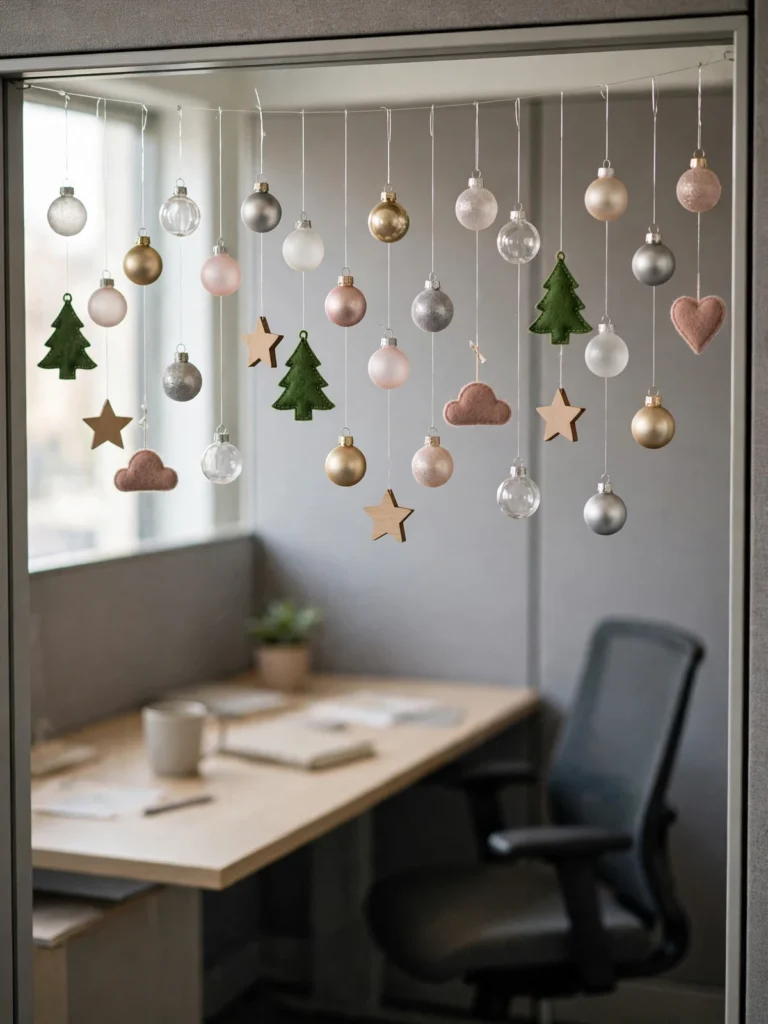 Lightweight ornaments hanging on clear thread across a cubicle opening, simple christmas cubicle decor like a short beaded curtain