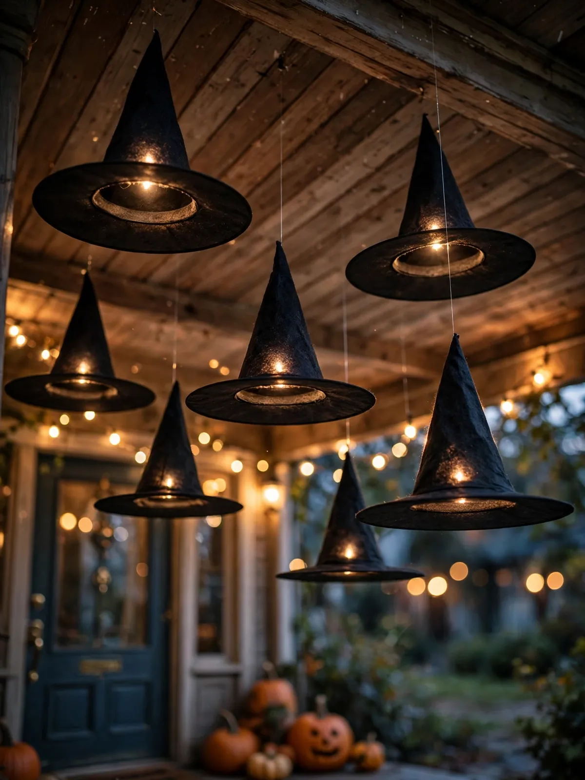 Black witch hats floating and glowing above a porch, halloween porch decor at dusk