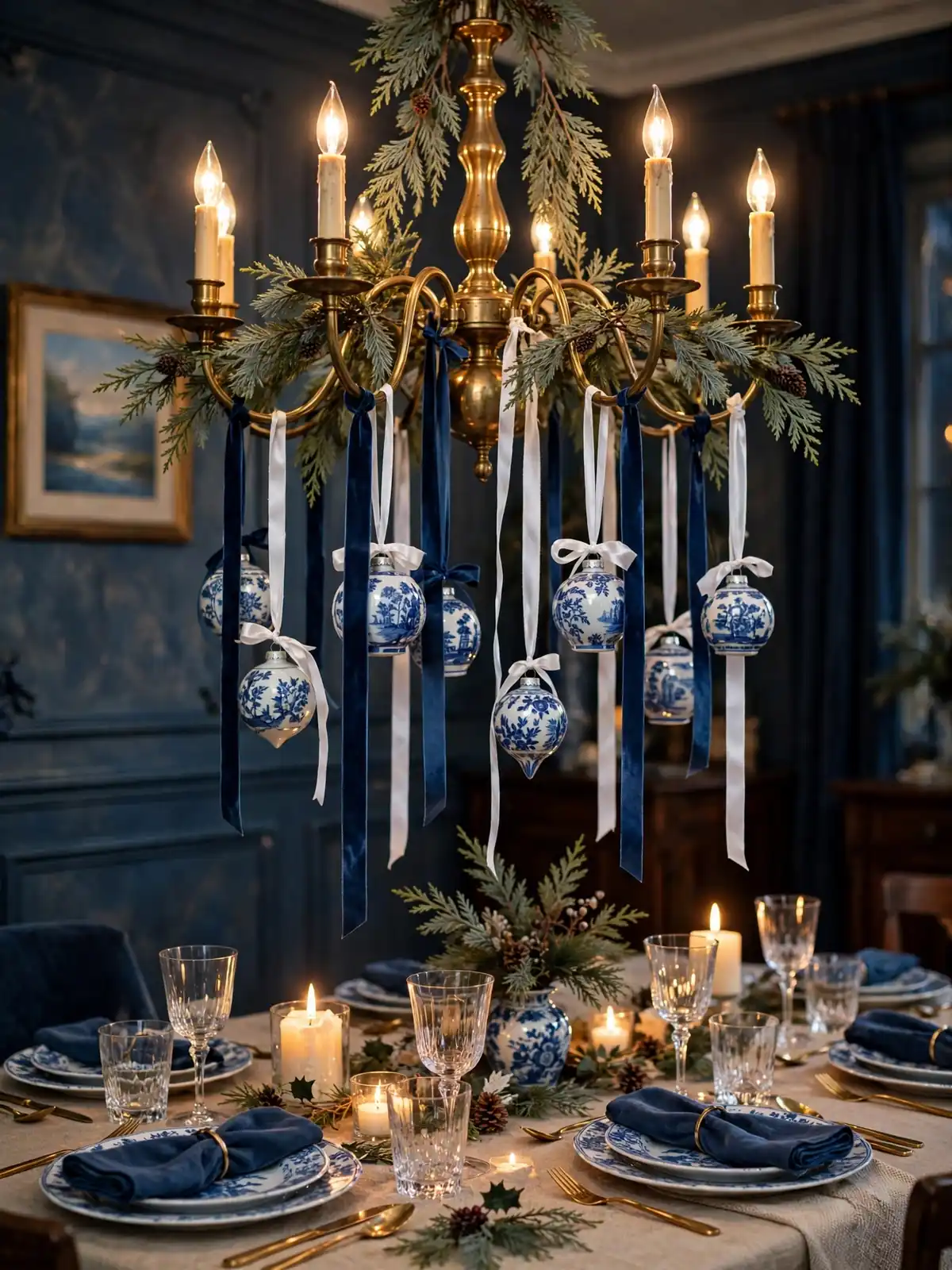 Blue and white porcelain ornaments hanging from a chandelier on navy and white ribbons, elegant blue and white christmas decor