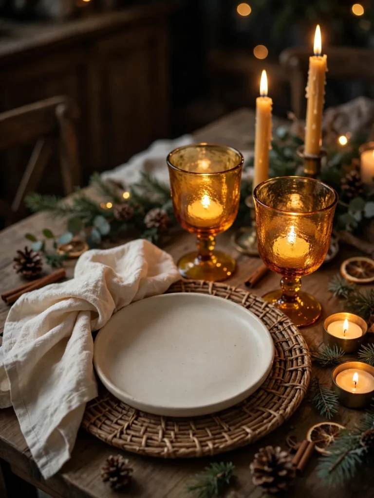 Warm christmas place settings with amber goblets, a cream linen napkin and a rattan charger glowing in candlelight