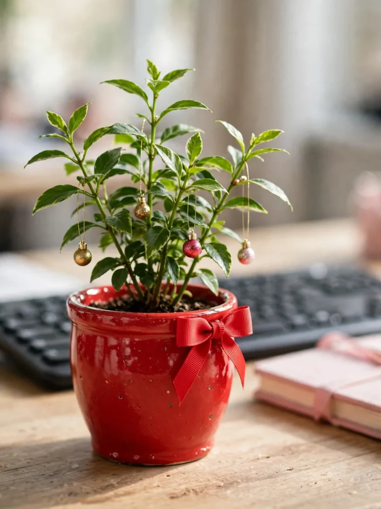 Small desk plant in a red pot with tiny baubles and a miniature bow, easy christmas cubicle decor for an office desk