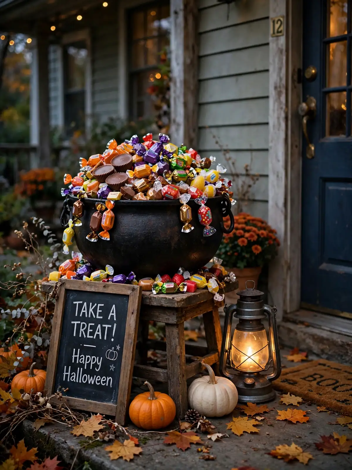 A candy-filled cauldron on a wooden stool styled as welcoming halloween porch decor