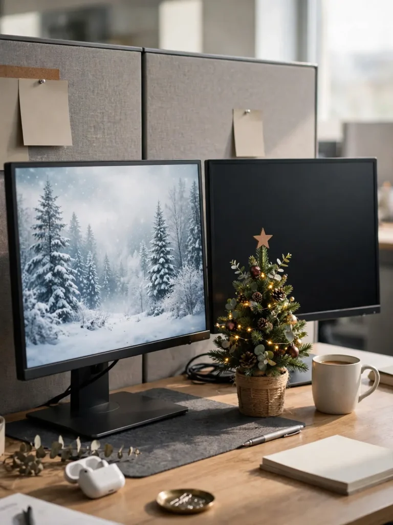 Office desk with a calm snowy winter scene on the second monitor and a mini tree, christmas cubicle decor that adds no clutter
