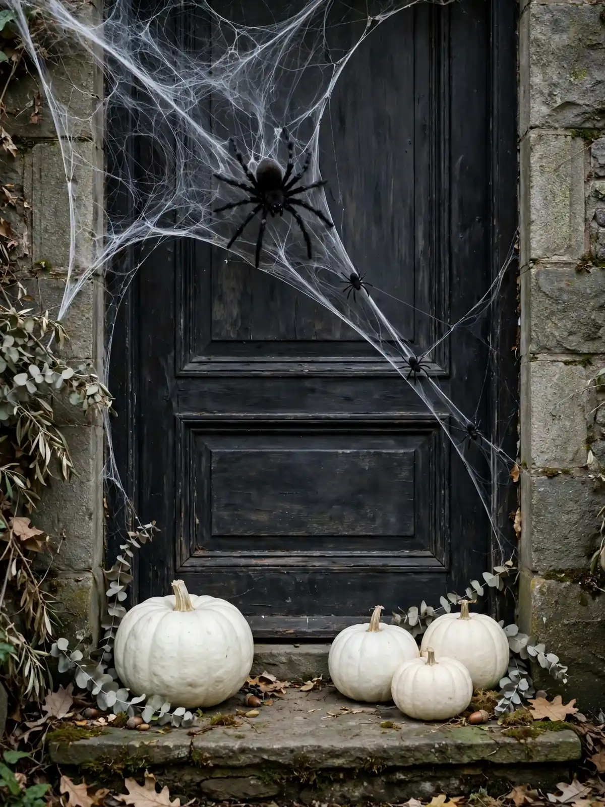 A giant spiderweb and big black spider on a dark door, halloween porch decor with white pumpkins below