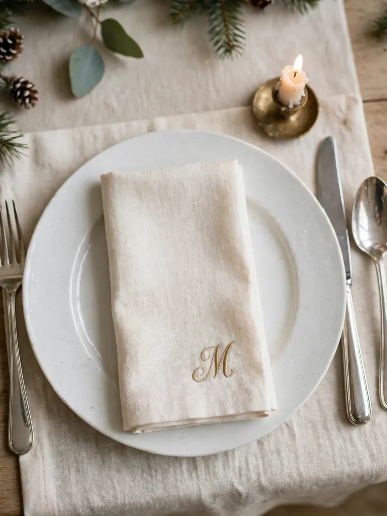 Elegant christmas place settings with a cream napkin embroidered with a gold initial monogram resting on a white plate