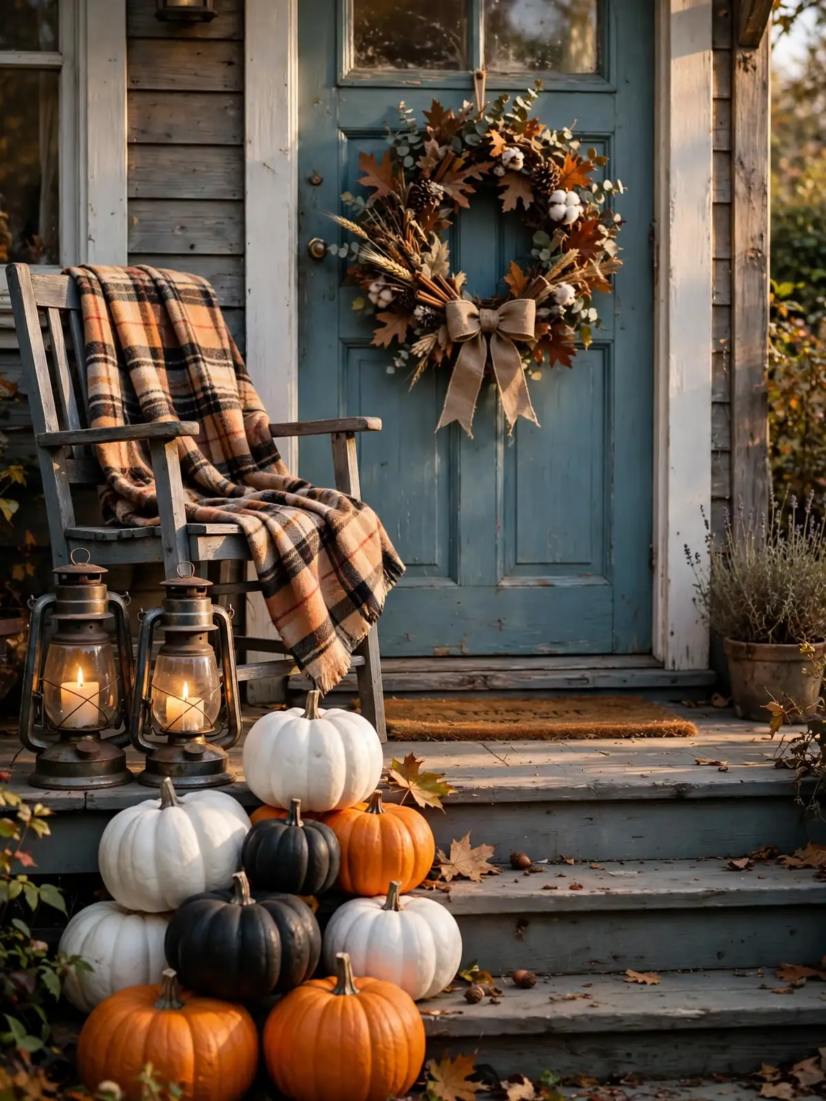 Budget halloween porch decor with dollar store pumpkins, a DIY wreath, thrifted lanterns and a plaid blanket