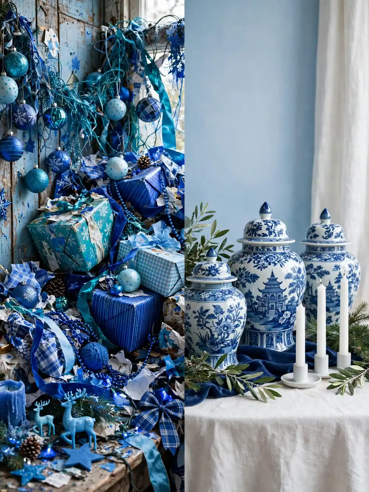 A cluttered corner of clashing blues beside a calm blue and white christmas decor vignette with ginger jars and white candles