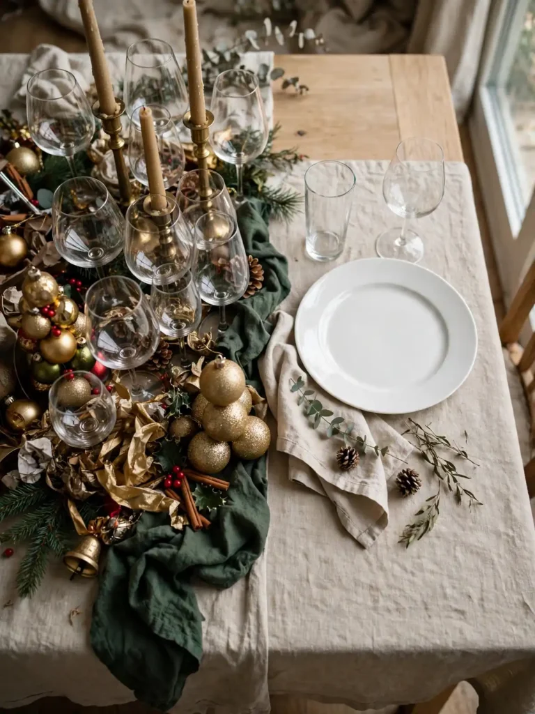 Overcrowded christmas place settings with too many glasses and tall decor beside a calm, well-spaced setting