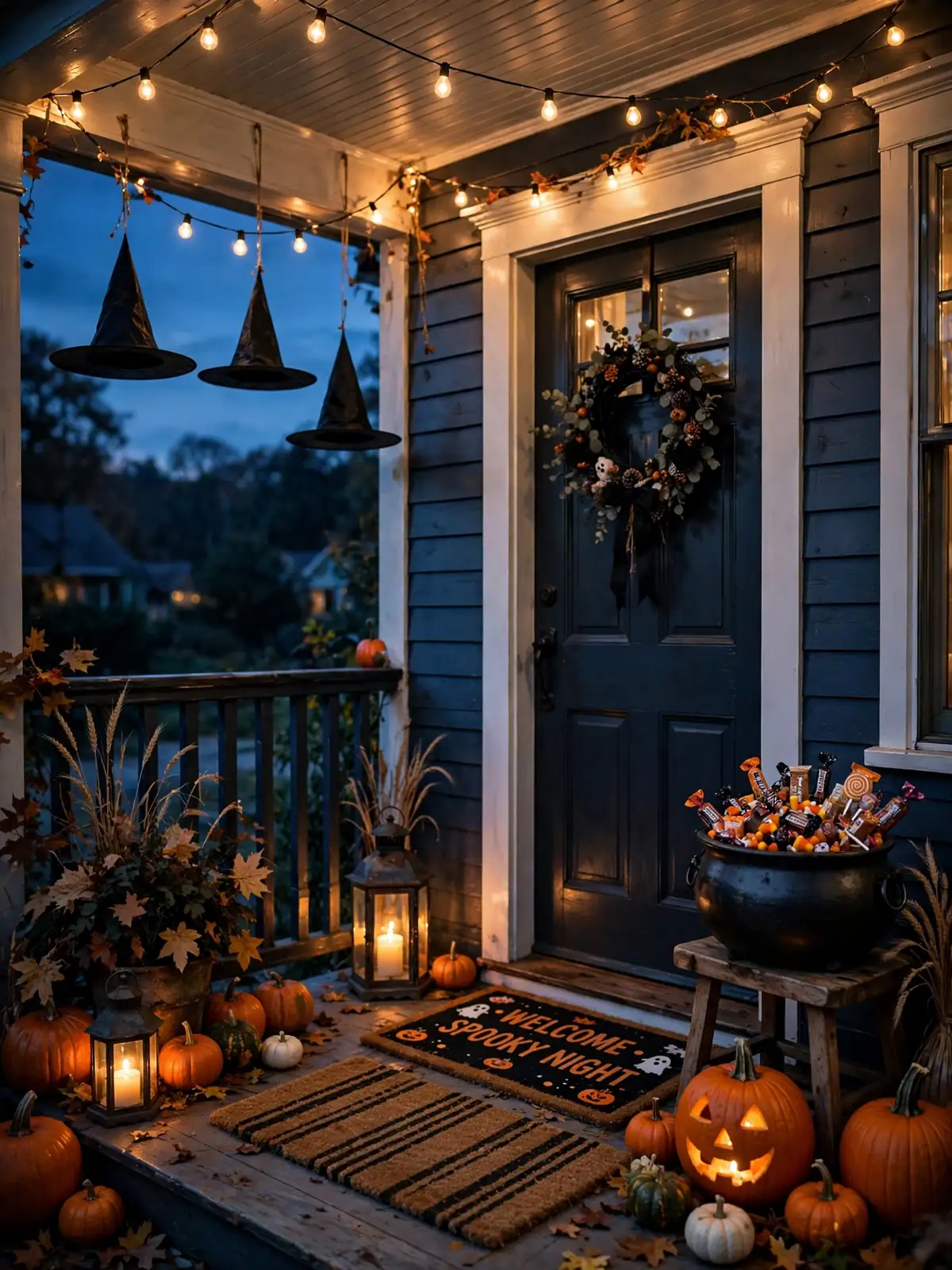 A finished halloween porch decor display at dusk with layered doormats, floating witch hats and a candy cauldron
