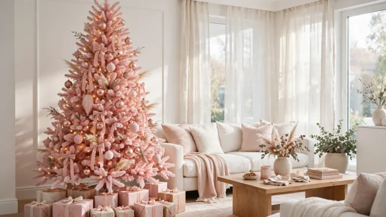 Pink Christmas decor ideas with a blush pink Christmas tree and rose gold ornaments