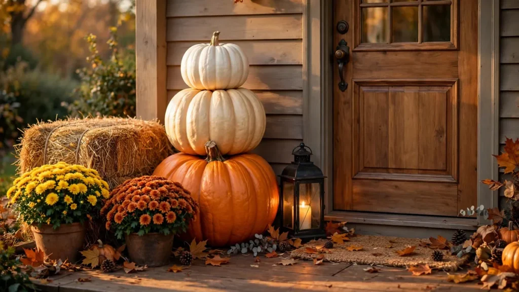 5 Dollar Tree Stacking Pumpkins Ideas for Beautiful Fall Decor 1 Three-tier tower of dollar tree stacking pumpkins beside a front door with hay bales, mums and a lantern at golden hour